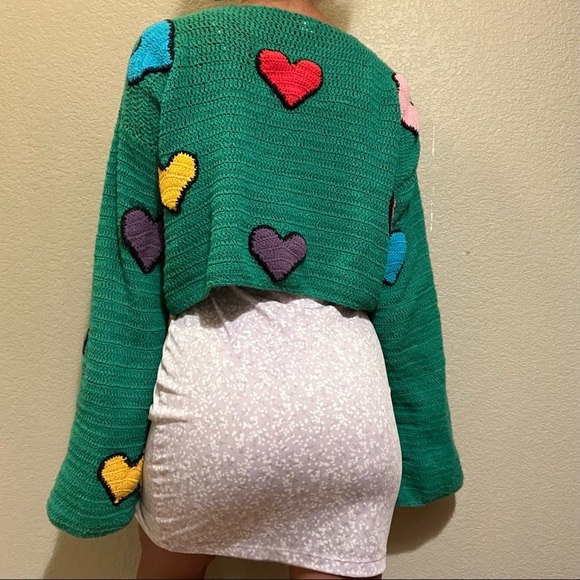 Green shop fluffy heart crochet cardigan size small - Picture 2 of 3
